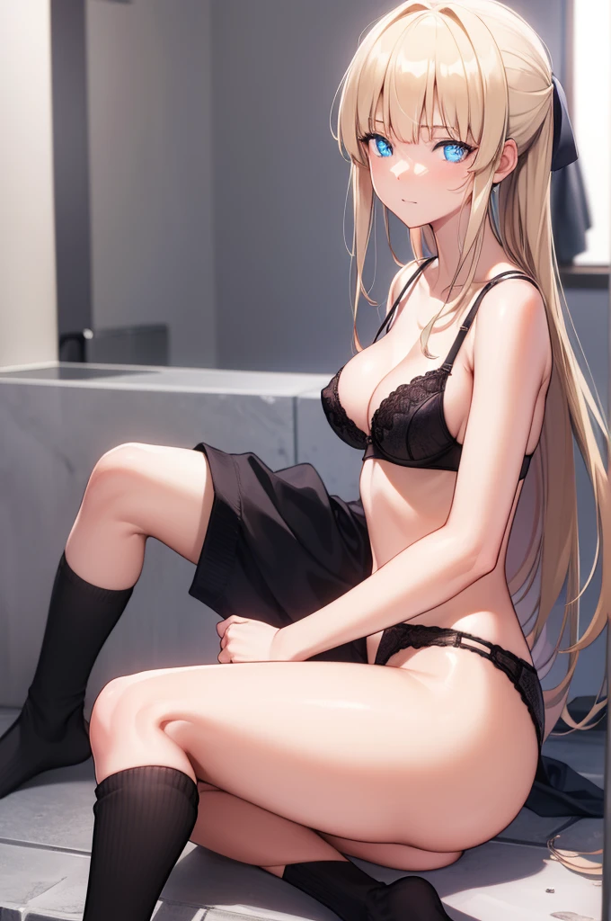 eririspencer, eriri sawamura spencer, blonde hair, blue eyes, blunt bangs, hime cut, long hair, full body, full pose, ((medium BREASTS)), happy face, teeth, Grimace, ((sitting on rock)), BREAK, ((black socks:1.3)), ((black lace bra)), BREAK ((looking at viever), ((blue underwear)), BREAK, ((bathroom background)), BREAK (masterpiece:1.2), best quality, high resolution, unity 8k wallpaper, (illustration:0.8), (beautiful detailed eyes:1.6), extremely detailed face, perfect lighting, extremely detailed CG, (perfect hands, perfect anatomy),