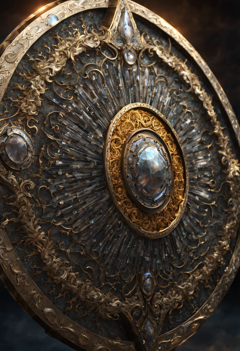 warrior shield rush, shield made of crystal, fantasy, 8k resolution, hyperdetailed, natural lighting, shiny, majestic, intricate patterns, masterpiece, atmospheric, breathtaking, magnificent, stunning, amazing