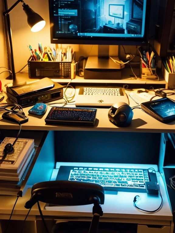 (best quality), (masterpiece), a 28-year-old programmer sleeping in an office with a sleeping bag, cup noodles scattered on the desk, multiple monitors, game characters displayed on the monitors, (gaming setup:1.2), (chaotic scene), (laid-back atmosphere), (messy desk:1.3), (vibrant colors), (relaxed programmer), (comfortable environment), (workaholic programmer:0.8), (creative chaos:1.1), (tech-savvy:1.2), (desk cluttered with wires:1.3), (quirky details:1.1)