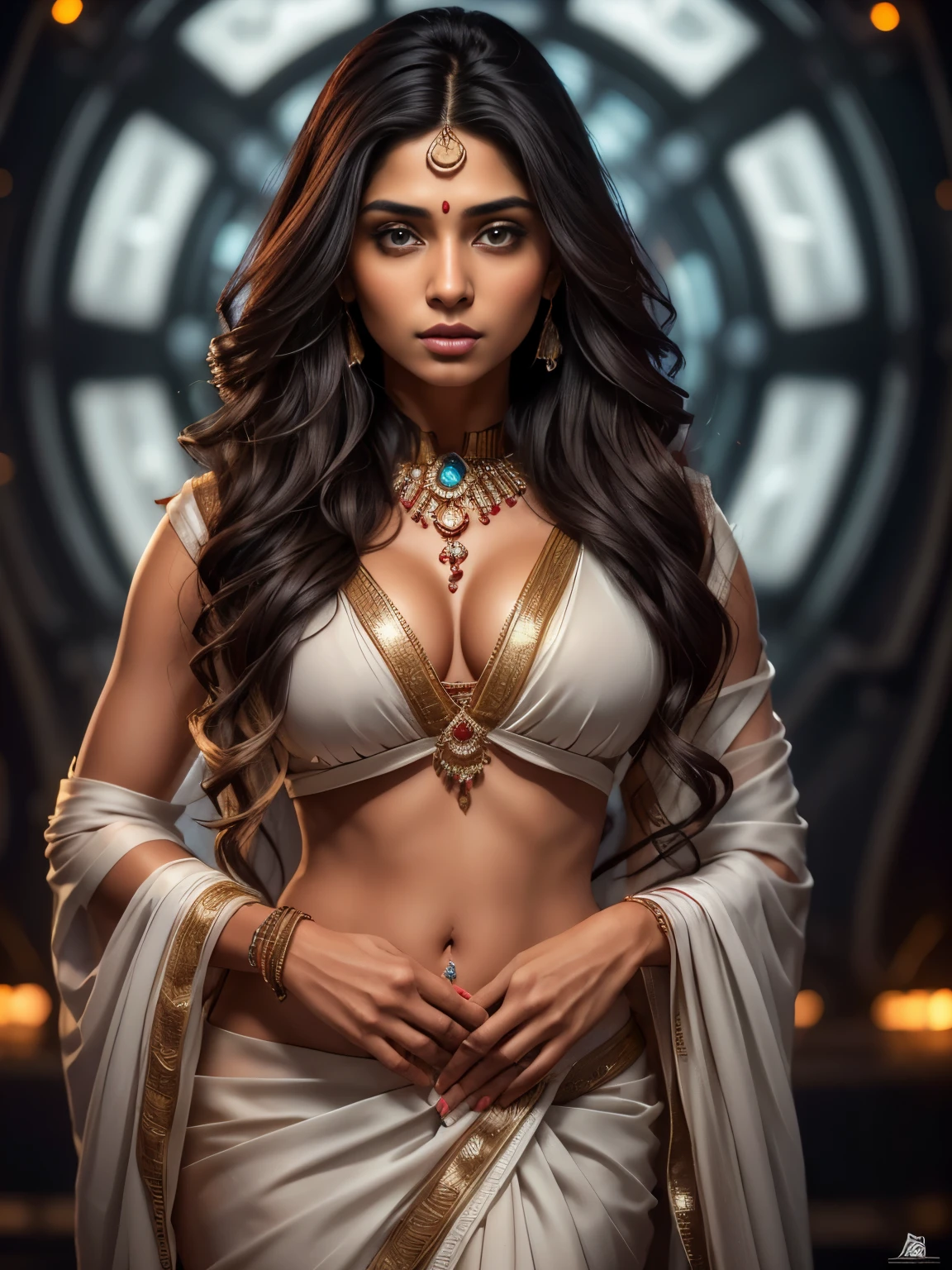 photo of a girl, RAW, indian beautiful woman (), (extra long wavy brunette hair), ((portrait)), ((detailed face:1.2)), ((detailed facial features)), (finely detailed skin), pale skin, (high detailed deep cleavage white saree), cyberpunk megacity environment, (cold colors), damp, moist, reflections, (masterpiece) (perfect proportion)(realistic photo)