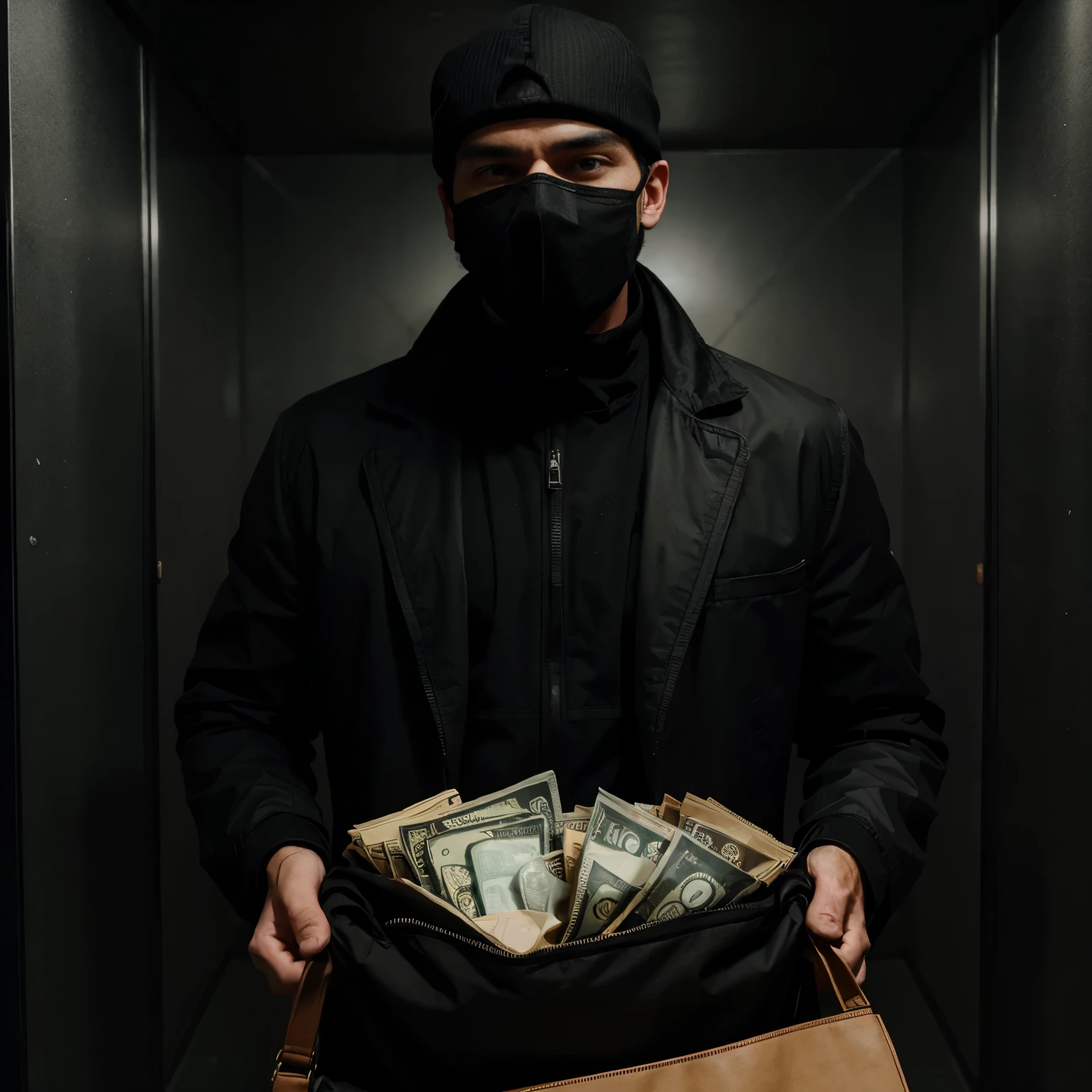 A man wearing a black mask, a black jacket, and a bag in his hand. He fills the bag with money in the middle of a bank vault.