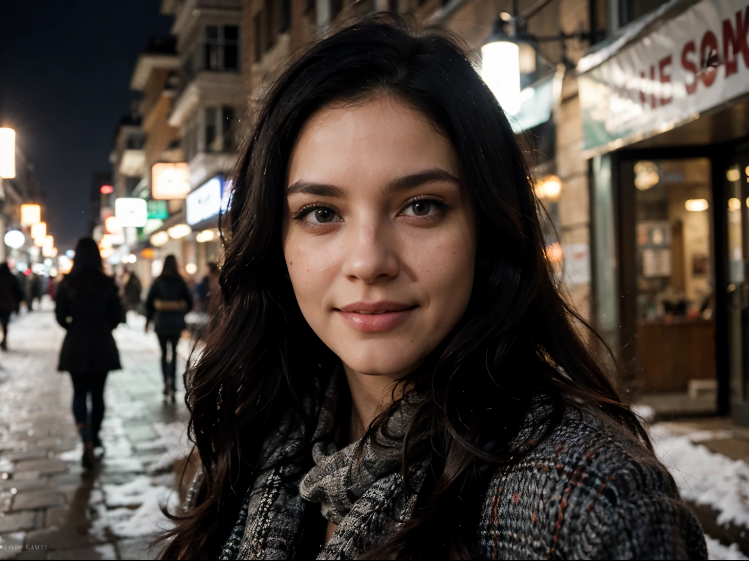 Photo of 23 year old Pakistan beautiful woman walking ((wearing black pullover, jacket, black jeans, )) (Straight face, Close profile picture, Looking Directly at Camera), Cheerful Expression, highly detailed, detailed skin texture, (blush: 0.5), (goosebumps: 0.5), Clear face, Beautiful lips, ((Dark brown eyes, thin nose, thin face, black long flowing hair, predatory eyes)), gorgeous,((best quality)), ((ultra resolution)), ((photorealistic: 1.4)), (intricate details), perfect face, makeup: 1.5, (Outdoor, winter foggy atmosphere, shopping street, people)