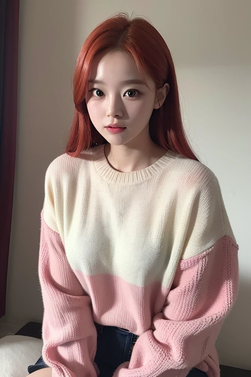 RAW photo of Nancy Jewel McDonie from momoland with sweater, red hair, Photorealistic, Hyperrealistic, Hyperdetailed, low cut, detailed skin, soft lighting, subsurface scattering, realistic, heavy shadow, masterpiece, best quality, ultra realistic, 8k, golden ratio, Intricate, High Detail, film photography, soft focus