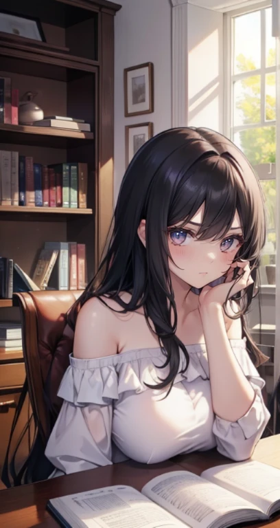 （tmasterpiece），（best quality），（highly detailed），（illustratio），（ultrahigh-resolution）a girl，off-the-shoulder costume，amazement，tutor，black color hair，straight long hair，white shirt，mature woman， 40-year-old woman，Big breasts，Scowling，Top-down view，Close-up photo，Write homework，Indoor in the bedroom，Bookcases，Tables