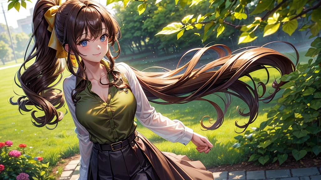 1girl, full body, solo, flowers, trees, brown hair, curly hair, long hair, ponytail, large breasts, button down shirt, ((shiny silk shirt)), ((brown green shirt)), ((unbuttoned shirt)), ((short sleeved shirt)), blue eyes, skirt, smile, looking at the viewer, ((standing)), hair ribbon, golden necklate