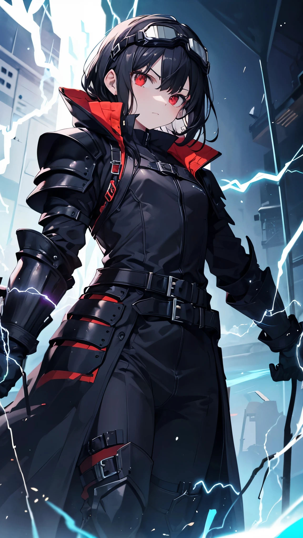 (black armor:1.2), (electricity:1.3), red eyes, black hair, serious, (long coat:1.2), from below, (black goggles:1.2)