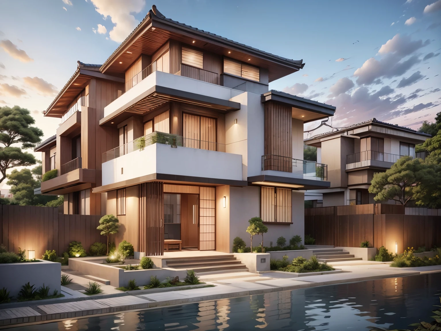 1-storey house, house exterior, modern Japanese style, garden landscape, morning sunrise, beautiful sky, few clouds