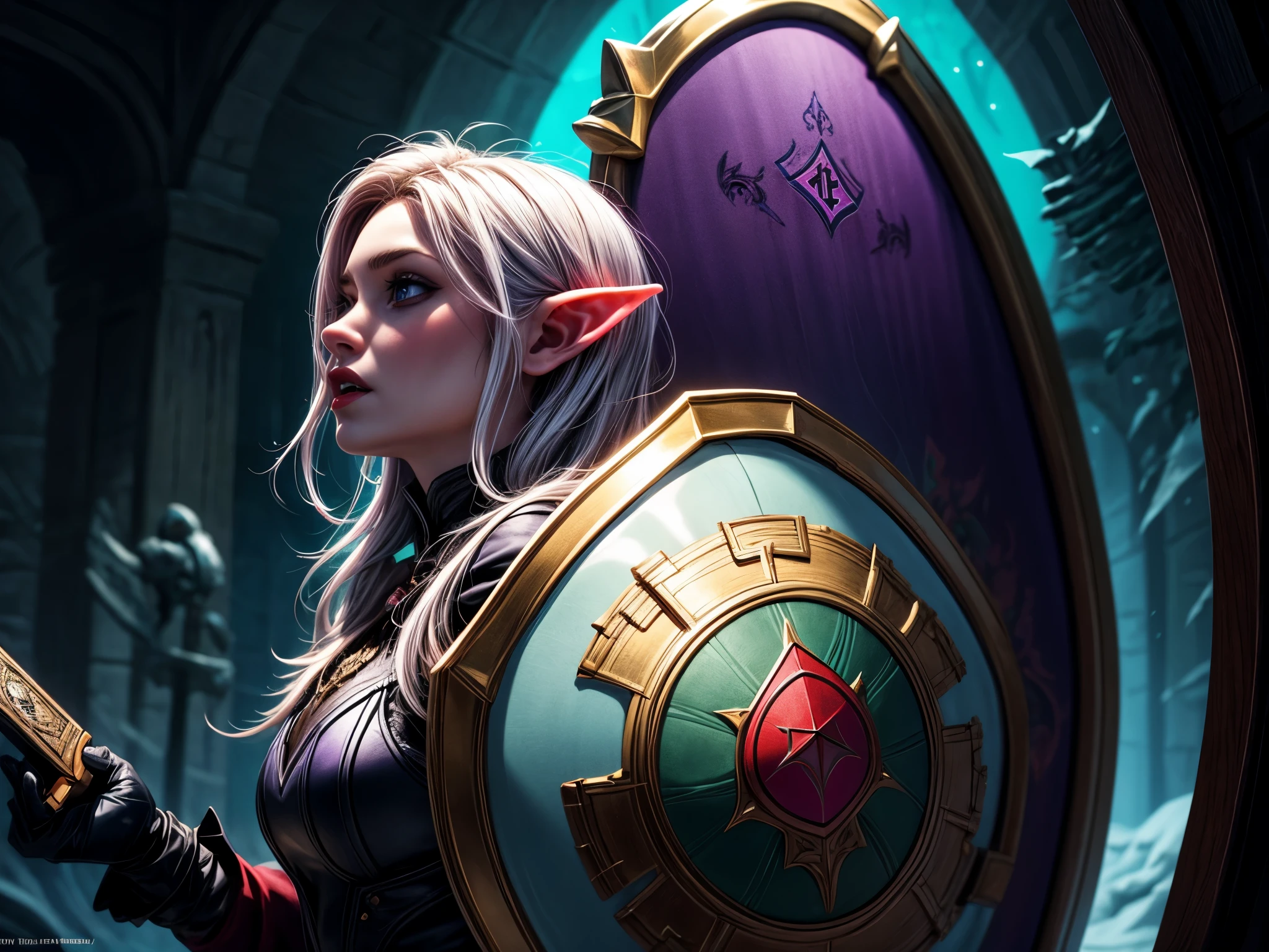 fantasy art, dnd art, RPG art, wide shot a picture of a (shield: 1.5) with an image engraved on the shield of a beautiful female vampire elf, blood dripping, vampiric fangs, with a long curvy hair, light color hair, blue eyes, high details, best quality, 16k, [ultra detailed], masterpiece, best quality, (extremely detailed), close up, photorealistic, RAW, fantasy art, dnd art, fantasy art, realistic art,