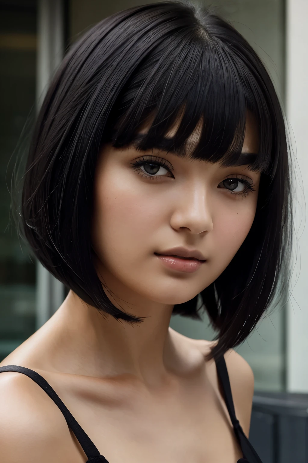 Black-haired girl, subtle stacked bob haircut, expressive eyes, fair complexion, delicately framed face, sleek hair falling softly on her shoulders, glossy black locks forming defined layers, creating the illusion of added volume, captivating gaze locked on the viewer, casual attire, adding an air of sophistication to her look.