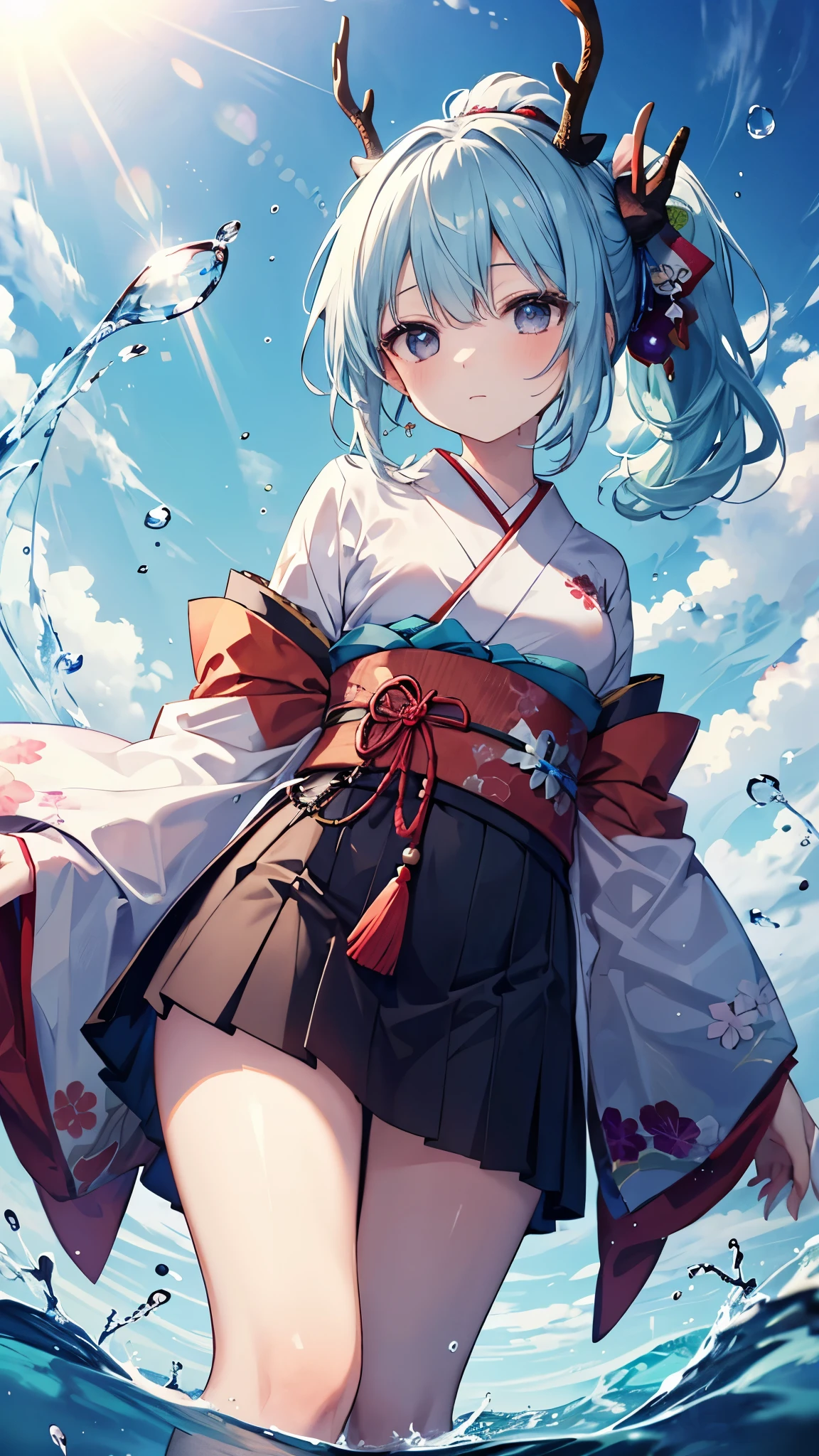 (blue ponytail:1.2), Japanese kimono costume, (expressionless), one girl, black eyes, mini skirt, (Deer), (horn:1.2), (water drop:1.3), from below