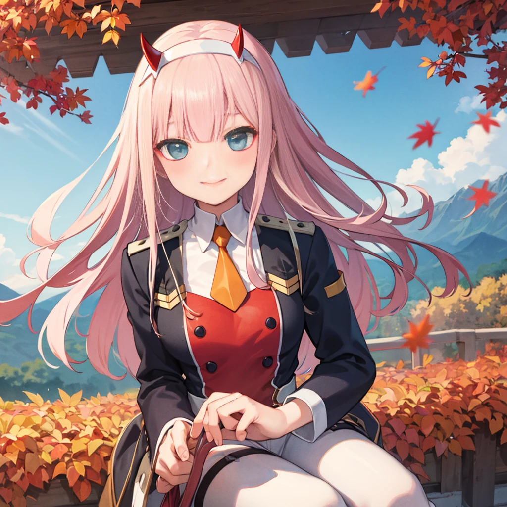 ((masterpiece)), (best quality), official art, extremely detailed CG, unity 8k wallpaper, ultra detailed,
1girl, zero_two, long hair, horns, hairband, white hairband, medium breasts, very long hair, straight hair, red horns, blue eyes,  necktie, uniform, military, military uniform, long sleeves,  (white boots:1.4), black pantyhose,
smile,
outdoors, upper body, 
mountain, autumn leaves, wind, 
sketch lines, sketch, pastel, watercolor, 