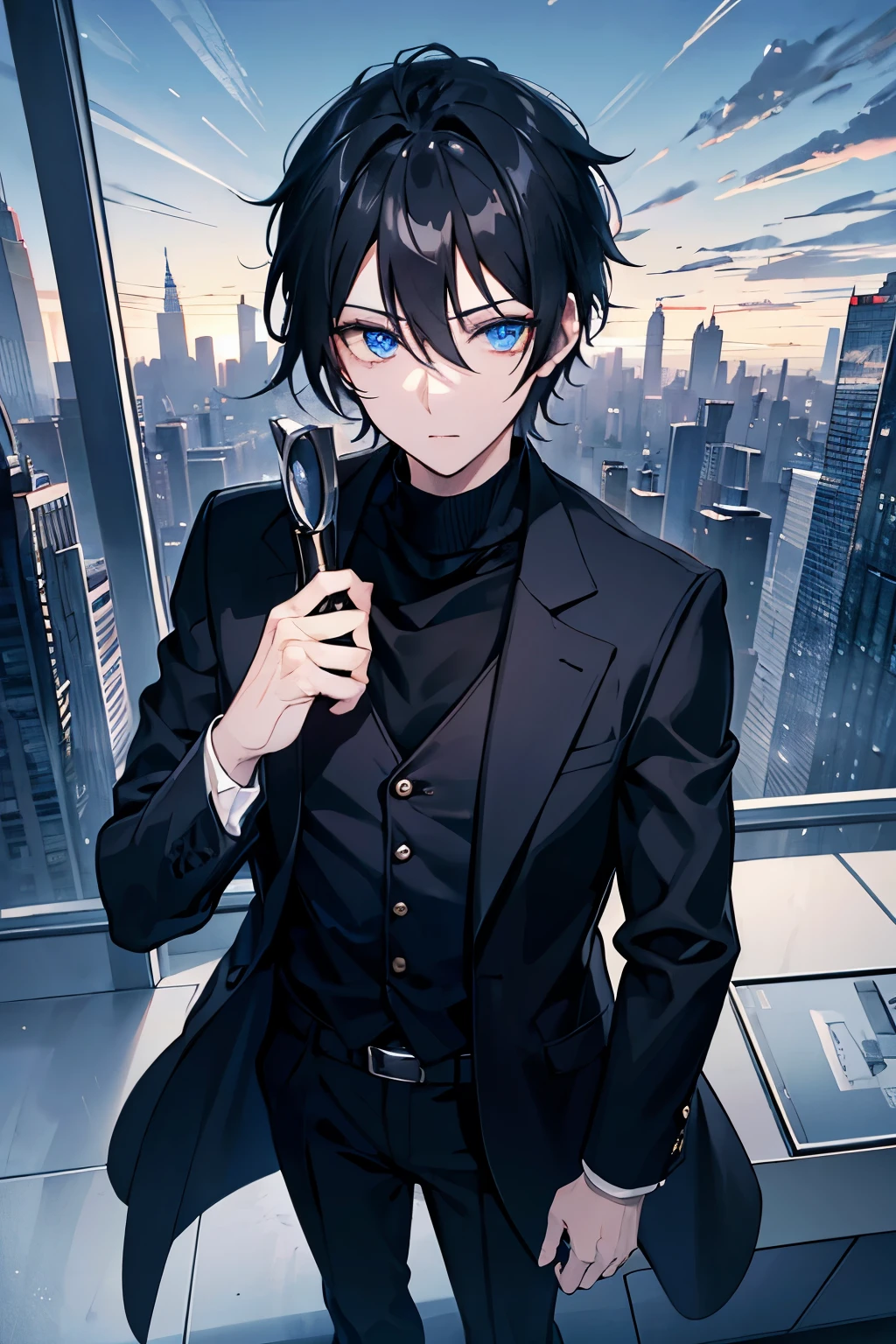 male　black hair　blue eyes　sweater　Check slacks　vest　coat　In town　building　skyscraper　　mask　night view 　rush hour　look up　cool　masterpiece　Highest image quality　noise removal　clear parts 　cinematic shadow　Increased attractiveness of the eyes　clear parts the shine of the eyes　Draw eyelashes neatly　perfect eyes　detailed eyes　Sharpen image quality　Sharpen eye writing　clear parts eye shape