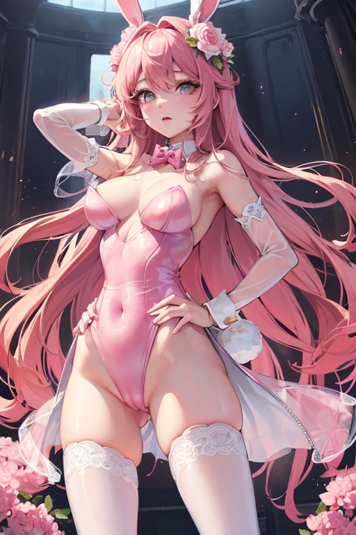 (High resolution), (32K), (very very highly detailed), (Best illustration), (beautiful and delicate eyes), (best quality), (super detailed), (master piece), (Detailed and delicate face), solo,Highly detailed face and skin texture,fine eyes,spread your legs、very shy、blush、spread legs,high details,(dynamic pose),1 female, long hair , long legs、open crotch、 (camel toe),(((big )))、Exposing genitals without wearing pants,The protruding PUssy ,cocked ass,I grew up sexy、(((Bunny girl with transparent skin)))、best style、pink nipples、Transparent pink nipples、(Floral ornament on the head)、Beautiful woman、pink sky、pink clouds、pink flowers、 pink hot spring、pink water all over、pink light、pink sky間