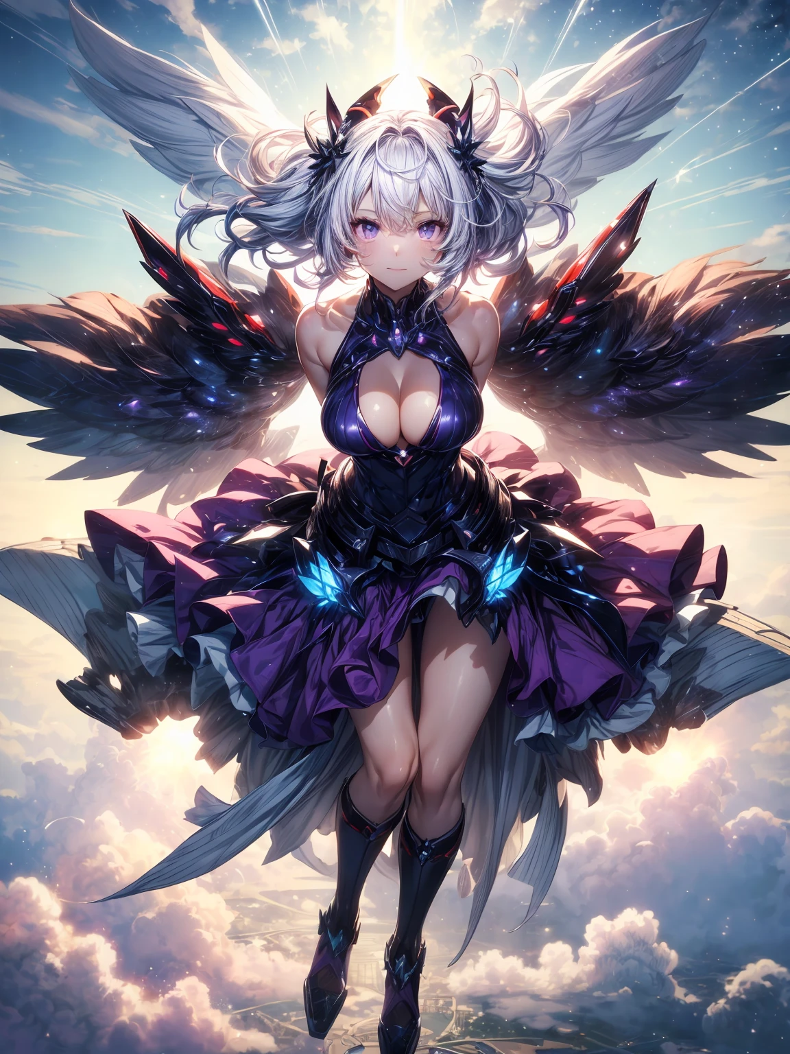 (masterpiece、highest quality, wonderful, very detailedティッカーユニティ、8k wallpaper, Depth of written boundary, Ultra-fine illustration:1.5)、。.。.3D, very detailed, (Full body Esbian、mecha princess girl:1.3), sci-fi battlefield, Hawken, smile, open your mouth、short ponytail hair, (purple hair, Deep purple eyes:1.2), sparkling eyes, cute顔, cute, big breasts, delicate hair, messy hair, (((Flying high in the sky))、blue sky, White cloud), shiny hair, shiny skin, (Symmetrical mechanical winetallic colored mechanical wings that are widely expanded to the left and right so that they protrude wonderfully from the screen, bite, white hair ornament), (particles of light, cinematic lighting: 1.3), (pale pink lips: 0.8), by Yusuke Murata.