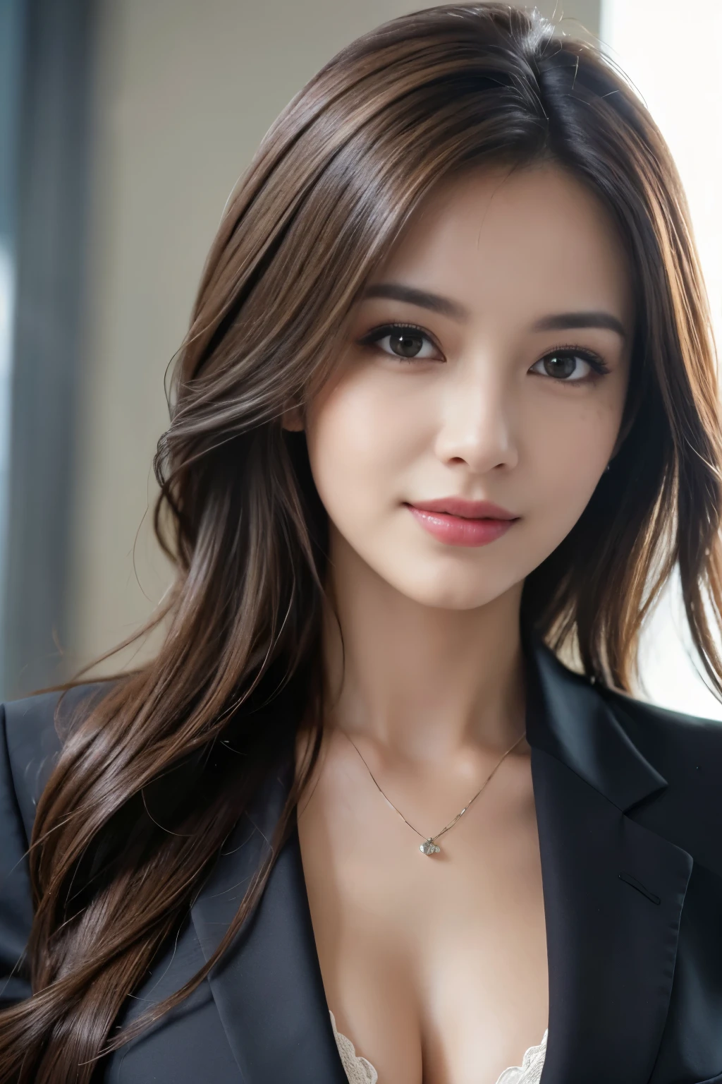 table top, highest quality, realistic, Super detailed, finely, High resolution, 8k wallpaper, 1 beautiful woman,, light brown messy hair, wearing a business suit, sharp focus, perfect dynamic composition, beautiful and detailed eyes, thin hair, Detailed realistic skin texture, smile, close-up portrait, model body shape,cleavage