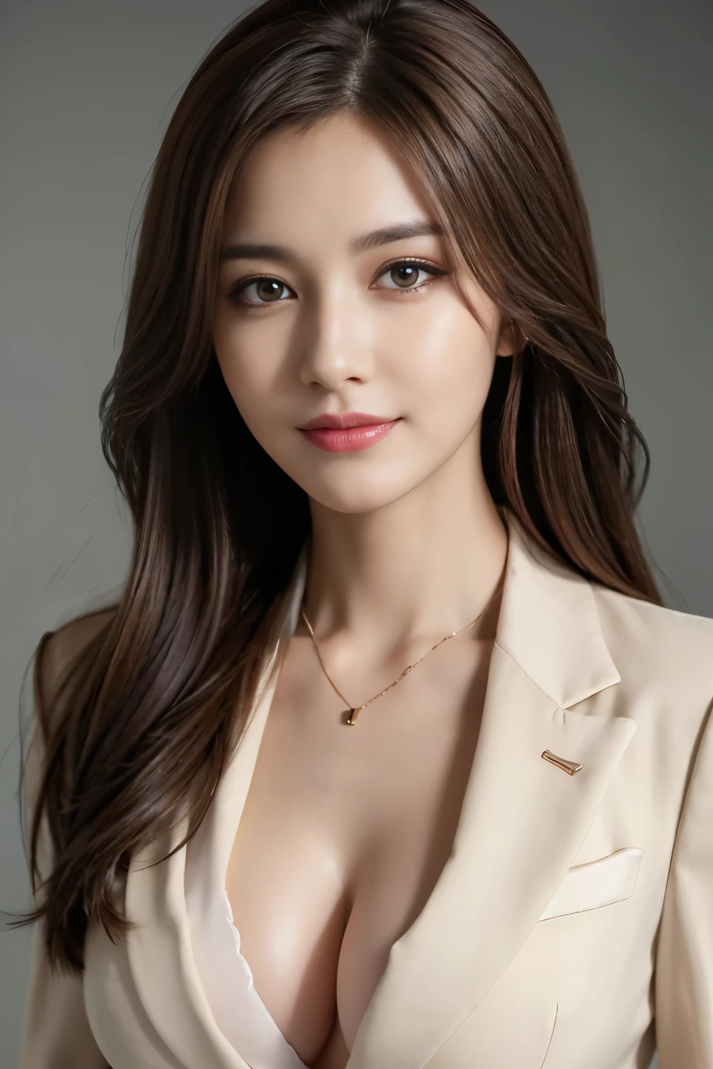 table top, highest quality, realistic, Super detailed, finely, High resolution, 8k wallpaper, 1 beautiful woman,, light brown messy hair, wearing a business suit, sharp focus, perfect dynamic composition, beautiful and detailed eyes, thin hair, Detailed realistic skin texture, smile, close-up portrait, model body shape,cleavage
