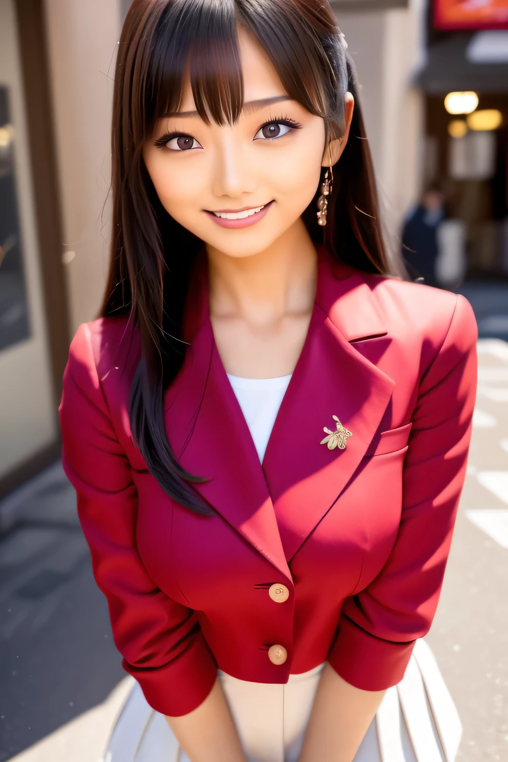 ((Best Quality, 8K, Masterpiece: 1.3)), Super Cute Beautiful Woman, 1 Girl, (Beautiful Breasts:1.3), (Abs, Slender Figure: 1.1), Sharp Focus, (((Intricate Details)), High Detail, Upper Body, One Girl, Black Straight Hair with bangs, Japan Schoolgirl Uniform, White collard shirt, red blazer, white Pleats Skirt, knee-length skirt, 8K, 8K Resolution, clean detailed face, Detailed Body, Detailed Clothes, Sharp Images, Japan Anime Concept Art, trending on Pixiv, looking the viewer, facing the viewer, seductive model pose, seductive smile, pink lipstick, bokeh, field of depth, 8 life size, 8k resolution, upper body image, shot on EOS 5D Mark IV, 35mm lens, f1.8, from side, night Paris Cafe background, Straight long hair, bangss, s lips、out makeup、short eyelashes、watching at viewers、A smile、Photorealsitic、high-level image quality、masutepiece, Best Quality, 8K, Beautie、Fine details