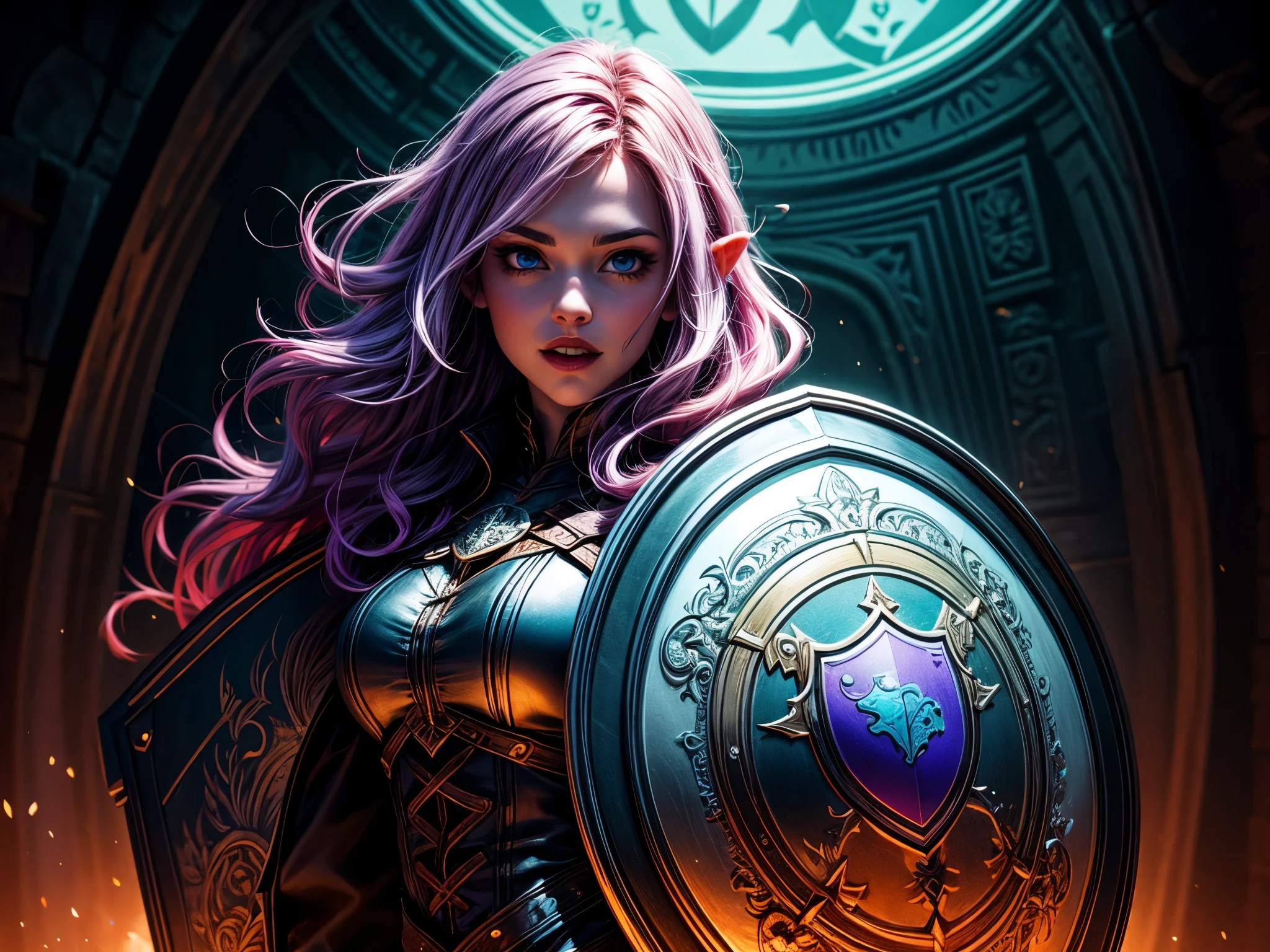 official art, unity 8k wallpaper, ultra detailed, beautiful and aesthetic, masterpiece, best quality, 1girl, elf girl, smile, beautiful face, sylvdark, (cleavage), (hood), dynamic pose, upper body, background dark war medieval, ((zentangle, mandala, tangle, entangle):1.2), (fractal art:1.3), professional lighting