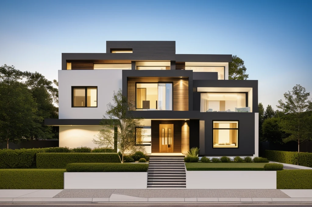 a modern home with a large front yard, main material by white wall and stone and wood, 1 road runs in front of the house, (RAW photo, real, best quality, masterpiece:1.2), look morden minimalist, 1 road in front of the house, shime ring light, light brighteness from indoor:1.2, dynamic lighting:1.3, (hyper realistic, photo-realistic:1.2), high quality, day lighht, hight contrast :0.5 perfect lighting, archdaily, award winning contemporary, contemporary masterpiece, well-designed masterpiece,