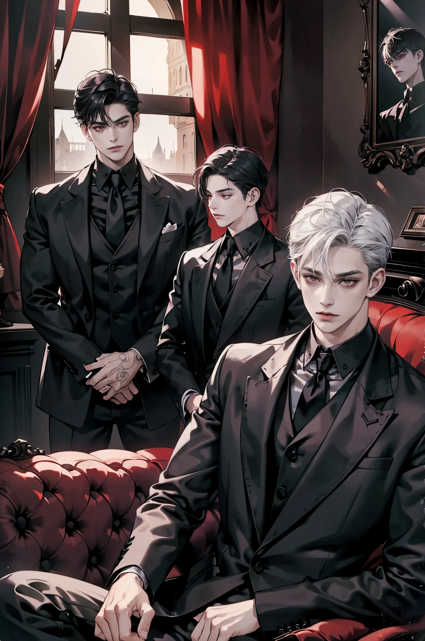 Friends, 3 boys, brothers, Goth clothing, goth style living room, vampire, sitting together, different hair color, red eyes, side by side, upper body, High quality, Best Quality, portrait, dramatic shadows, dramatic compositions, Cinematic lighting, night light