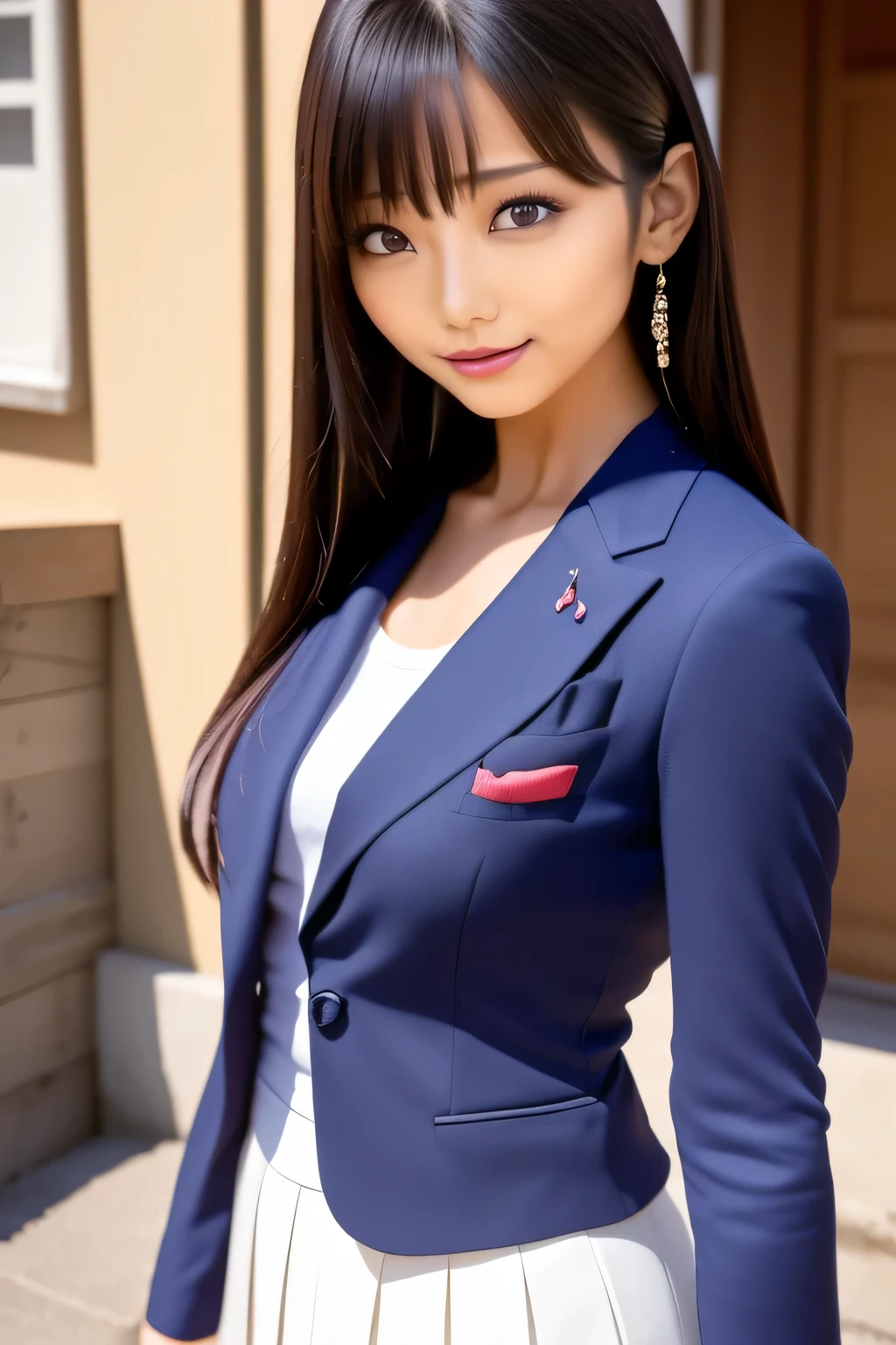 ((Best Quality, 8K, Masterpiece: 1.3)), Super Cute Beautiful Woman, 1 Girl, (Beautiful Breasts:1.3), (Abs, Slender Figure: 1.1), Sharp Focus, (((Intricate Details)), High Detail, Upper Body, One Girl, Black Straight Hair with bangs, Japan Schoolgirl Uniform, White collard shirt, red blazer, white Pleats Skirt, knee-length skirt, 8K, 8K Resolution, clean detailed face, Detailed Body, Detailed Clothes, Sharp Images, Japan Anime Concept Art, trending on Pixiv, looking the viewer, facing the viewer, seductive model pose, seductive smile, pink lipstick, bokeh, field of depth, 8 life size, 8k resolution, upper body image, shot on EOS 5D Mark IV, 35mm lens, f1.8, from side, night Paris Cafe background, Straight long hair, bangss, s lips、out makeup、short eyelashes、watching at viewers、A smile、Photorealsitic、high-level image quality、masutepiece, Best Quality, 8K, Beautie、Fine details