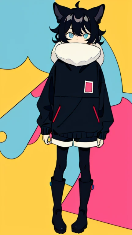 (masterpiece, Best quality) ,whole body,10 years old boy, shorts, long-sleeved sweater with earflaps, with floppy ears like a dog&#39;s, bored expression, fluffy thick hair, Bright eyes , (One), standing, (masterpiece), ((Best quality)), (ultra detailed), detailed information, flat colors, Colorful, (1other:1.1), Tachi-e, no designs on clothes, rubber boots, black tights