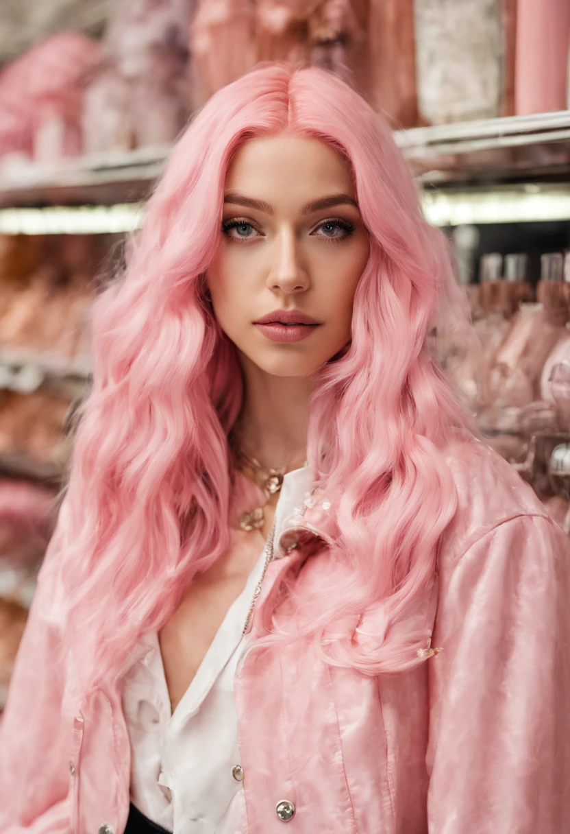 a woman with pink hair and a pink jacket standing in a store, ava max, pink hair, long hair with pastel colors, with pink hair, pastel hair, light pink hair, charli bowater, portrait sophie mudd, colored hair, bubblegum hair, long flowing pink hair, pink wispy hair, long pink hair, flowing pink hair, long light pink hair
