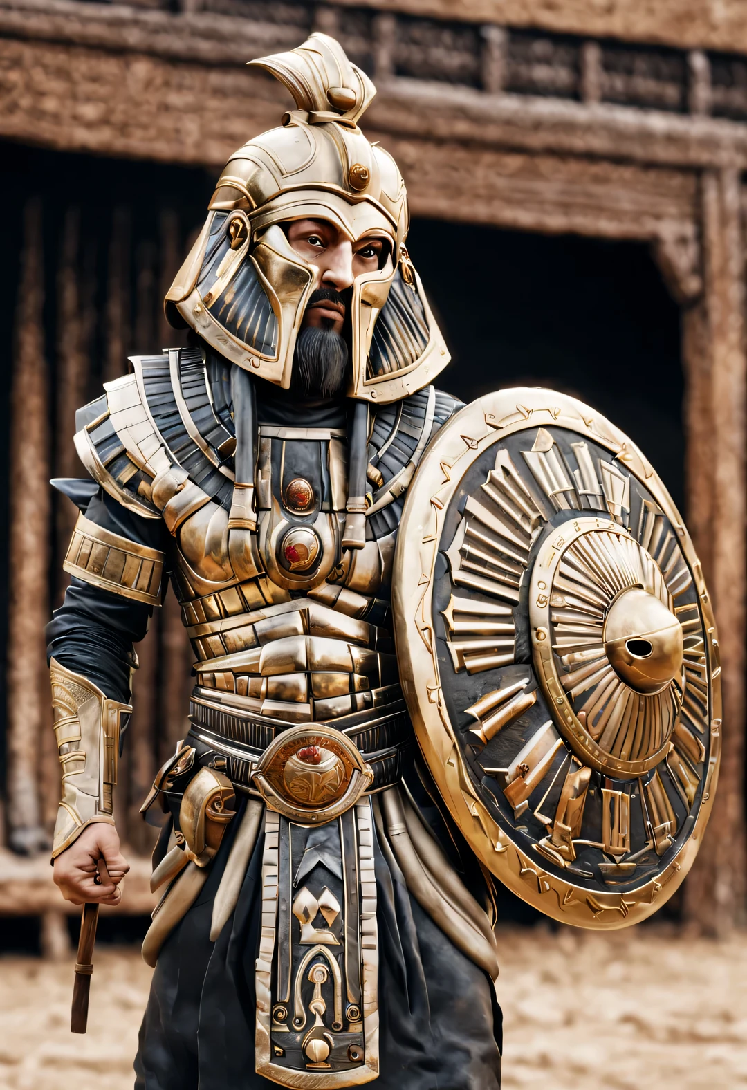 3D rendering（纯金Round shield和国王），Round shield，（Very clear engraving：1.2），Comes with thick wrist strap，Shang and Zhou shields，Mostly used in vehicle combat and infantry combat，（gold）shaped like a rectangle，The front has a bronze shield and a lion&#39; facing，Is a fierce and terrible enemy。（background：全息gold华丽宝座），side angle，photography，close-up photo，，Beadwork，sculpture，Egyptian painted pottery，Laurent Baheux，Strong atmosphere，Unreal Engine，octane rendering，V-Ray，UE4，high detail，super high quality，high resolution，Surrealism，Surrealism，16K，