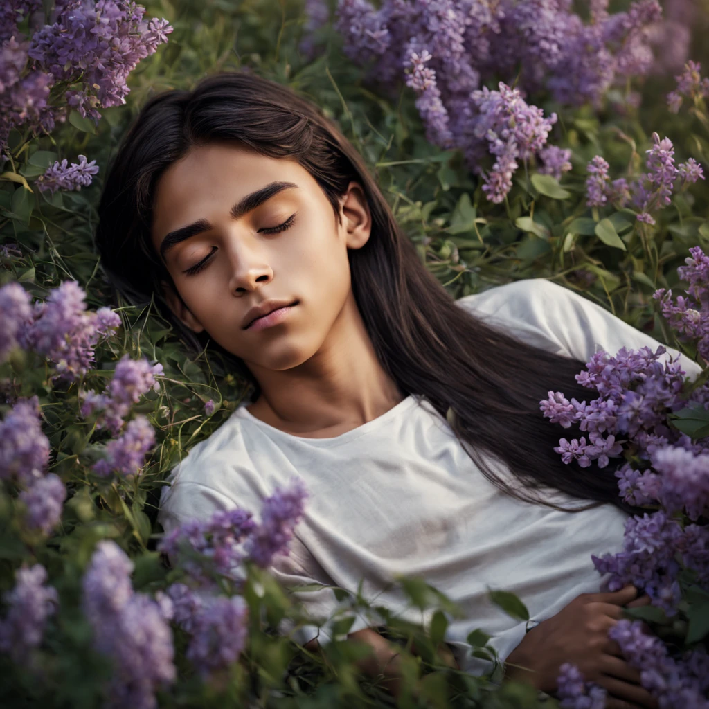very slim young boy, 13 y.o, thin face, Moroccan brown skin color, black straight long hair, long hair, straight hair, sleeps on the grass surrounded by lilac flowers, night, warm tones, soft colors, realistic, cinematic, ultra quality