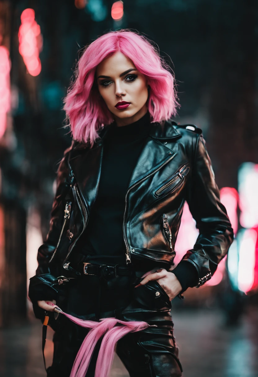 Masterpiece, Best quality, Fille cyberpunk confiante, Prise de vue du corps entier, ((debout devant la moto)), Pop outfit inspired by Harajuku, Couleurs et motifs audacieux, Accessoires accrocheurs, Coiffure tendance et innovante, maquillage vibrant, Dazzling Cyberpunk Cityscape, Gratte-ciel, neon signs, LED lights, Palette de couleurs vives et vives, Anime, illustration, detailed skin texture, detailed cloth texture, beautifull detailed face, Intricate details, Ultra detailded.