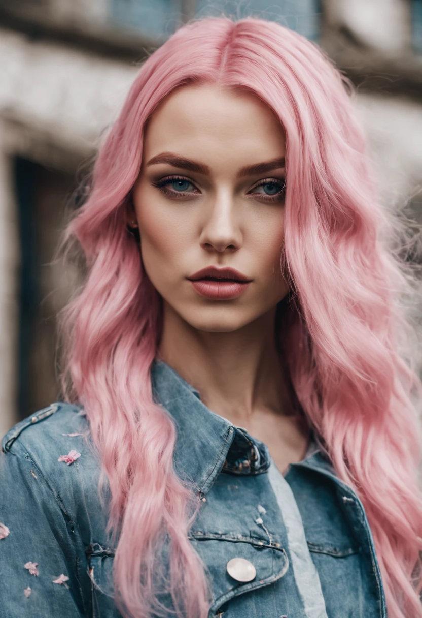 ultrarealistic high quality photo of a beautiful young busty european woman with cute face and brunette with dyed pink-white streaks long messy bob and beautiful smile, round steel-blue eyes,wearing a metallic black puffer snow , full body outdoor photography