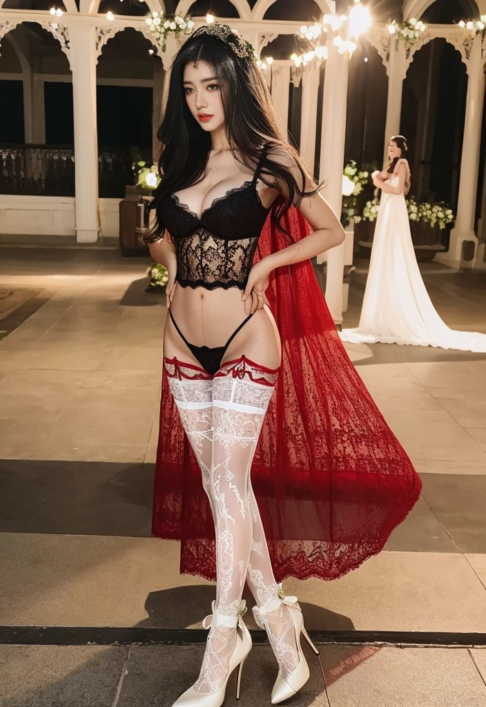 ((Realistic lighting, Best quality, 8K, Masterpiece: 1.3)), Clear focus: 1.2, 1girl, Perfect body beauty: 1.4, Slim abs: 1.1, ((dark black hair,long hair, Big breasts: 1.5)), ((Wearing ultra-thin red lace wedding dress: 1.4)), ((white stockings: 1.2)), (Outdoor, night: 1.2), Wedding Veil, Jawelery, City streets, ultra-fine face, fine eyes, double eyelids, standing,((Full Body Angle)),golden heels