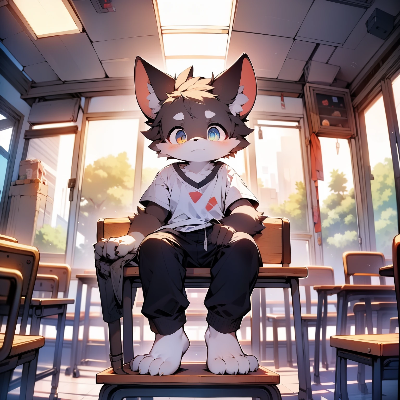 A kindergarten bat with bare feet，Sitting on a low wooden school chair with legs stretched out，Spread your legs apart。The background is the ceiling of the school classroom interior，There are many desks and chairs nearby，Looking up，Looking at the ground under the desk。Bat has no pants on，Only one white shirt on the whole body，Black fur，Looking into the camera with both eyes。He was barefoot，Straighten your legs and expose the soles of your feet to the camera。