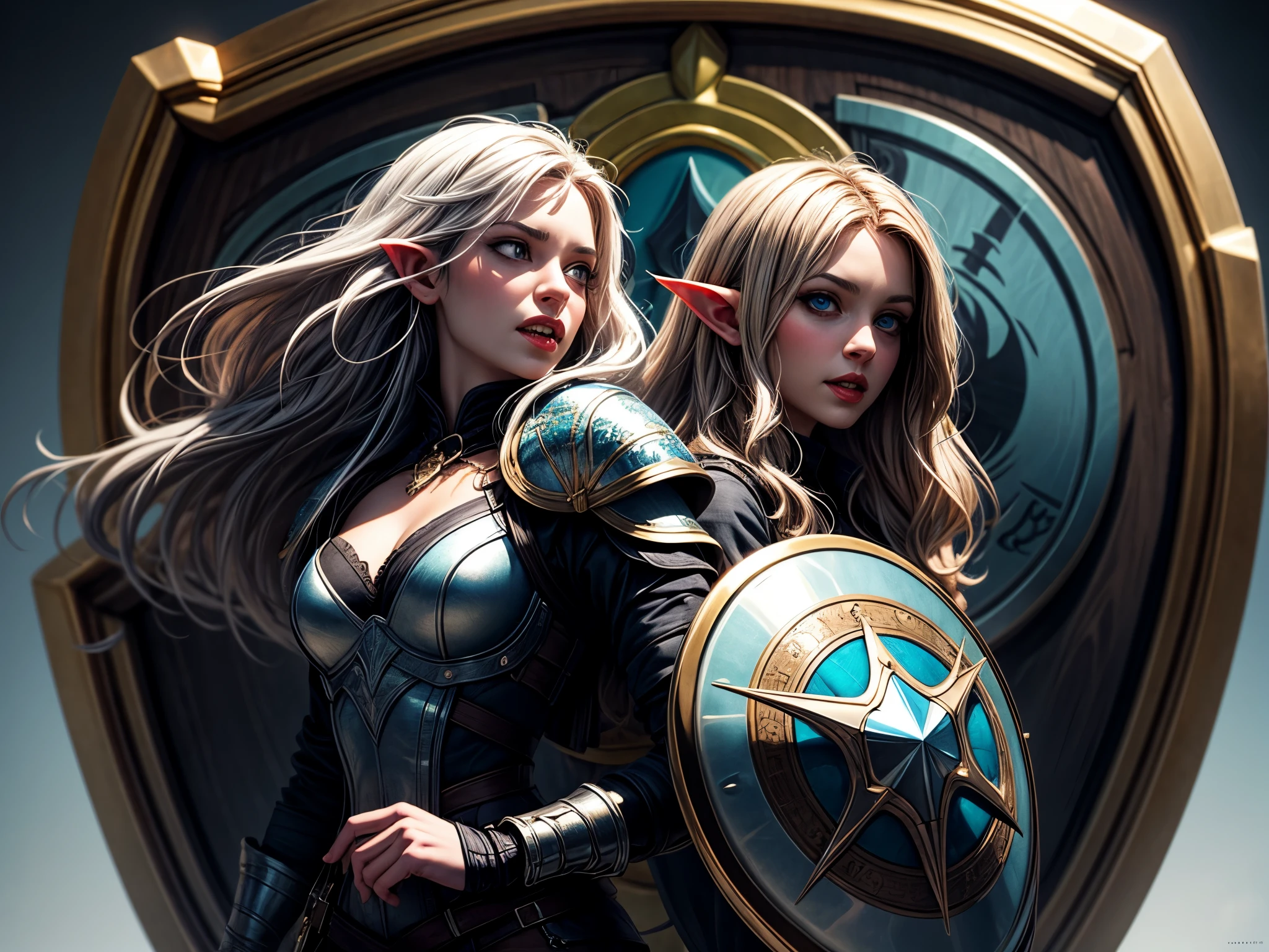 fantasy art, dnd art, RPG art, wide shot a picture of a (shield: 1.5) with an image of a beautiful female vampire elf, blood dripping, vampiric fangs, with a long curvy hair, light color hair, blue eyes, high details, best quality, 16k, [ultra detailed], masterpiece, best quality, (extremely detailed), close up, photorealistic, RAW, fantasy art, dnd art, fantasy art, realistic art,