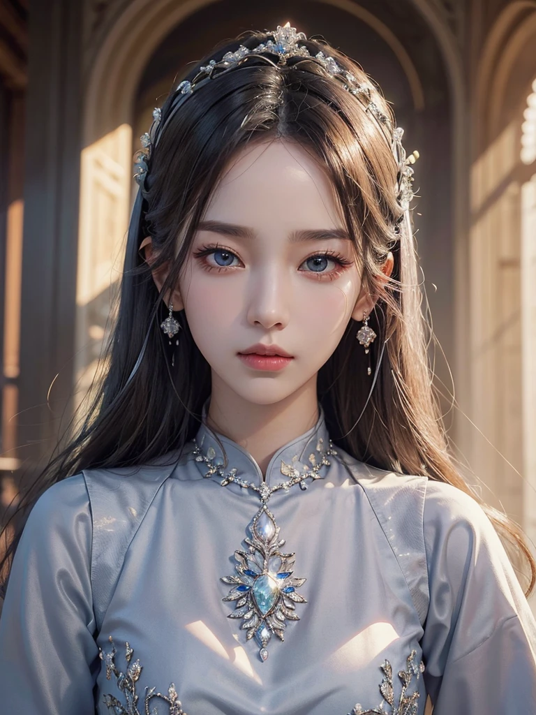 masterpiece, best quality, extremely detailed,cinematic lighting, finely detailed beautiful face and eyes, stoic, arrogant , long smooth shiny silver hair, Realistic lighting, pretty face , Body perfect ???????,Top Quality, Top resolution, realistic , Cinematic, Aesthetic, beautiful girl , full body , princess in modest silk ao dai