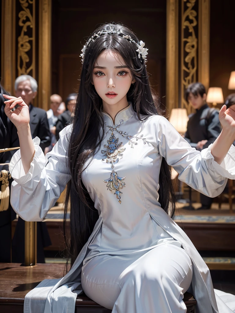 masterpiece, best quality, extremely detailed,cinematic lighting, finely detailed beautiful face and eyes, stoic, arrogant , long smooth shiny silver hair, Realistic lighting, pretty face , Body perfect ???????,Top Quality, Top resolution, realistic , Cinematic, Aesthetic, beautiful girl , full body , princess in modest silk ao dai