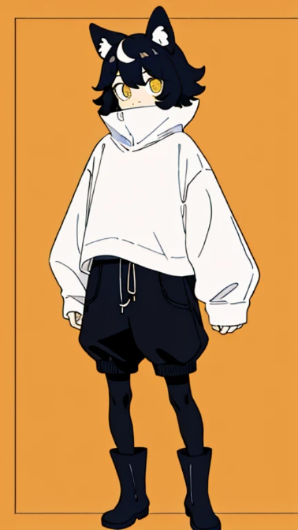 (masterpiece, Best quality) ,whole body,10 years old boy, shorts, long-sleeved sweater with earflaps, with floppy ears like a dog's, bored expression, fluffy thick hair, Bright eyes , (One), standing, (masterpiece), ((Best quality)), (ultra detailed), detailed information, flat colors, Colorful, (1other:1.1), Tachi-e, no designs on clothes, rubber boots, black tights