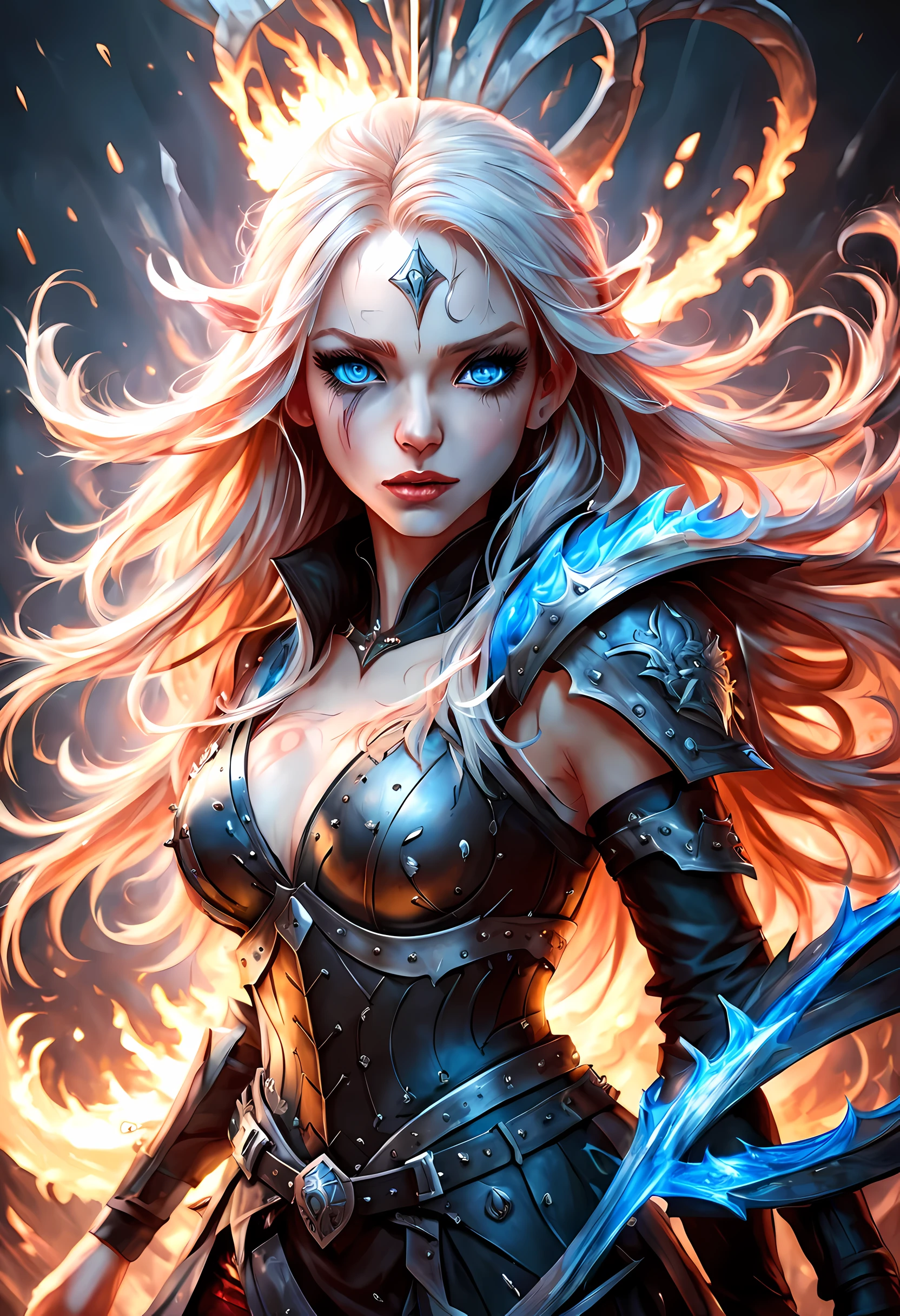(Ultra Real), (illustration), HDR (High Dynamic Range), Draw a sexy goddess of holy winter, under the sign of the frosty phoenix. is dressed in Ancient Biomechanics, exoskeleton, out of this world, driven by the inner negative energy of the goddess, this energy is visible to the viewer. Draw nature's moving icy blue-black living flames on a futuristic exoskeleton. This sexy outfit has a lot of bold, sexy leaks, ray tracing, [[reflected light]], [textured skin], (((divine staff burning with living ice))),[high detail], [highest quality], [high quality], highly detailed dragons , [epic fantasy art style], [[epic digital fantasy art 4k]],(fractal art: 1.6), [[snowflakes: 1.8]], [Depth of field, fine art, stunning, iridescent shine, [transparent: 1.7], [shiny: 1.5]], [light reflections: 1.3], Fujicolor, cinema lighting], silver curls, storm, vivid, sunlit, (edge ​​detection: 1.3), [[absurdities, impressive, luminous, shiny, reflections, lights, sky, degrees, psychedelic]], Incomprehensible and spectacular scene from a glowing cloud, Girl of the Elements [[[fire: ice:0.5]]], ((orange fire eyes and blue ice eyes)), [[[[fire and ice face]]]], rich colors, (dynamic face:1.3), fractal nebula filaments, cosmic beings, blue, Space, light and bright, curls, swirling, unreal, high contrast, symbolic, Magical, Mystical, Mystification, Hyperrealistic, Supersaturated, Colorful
