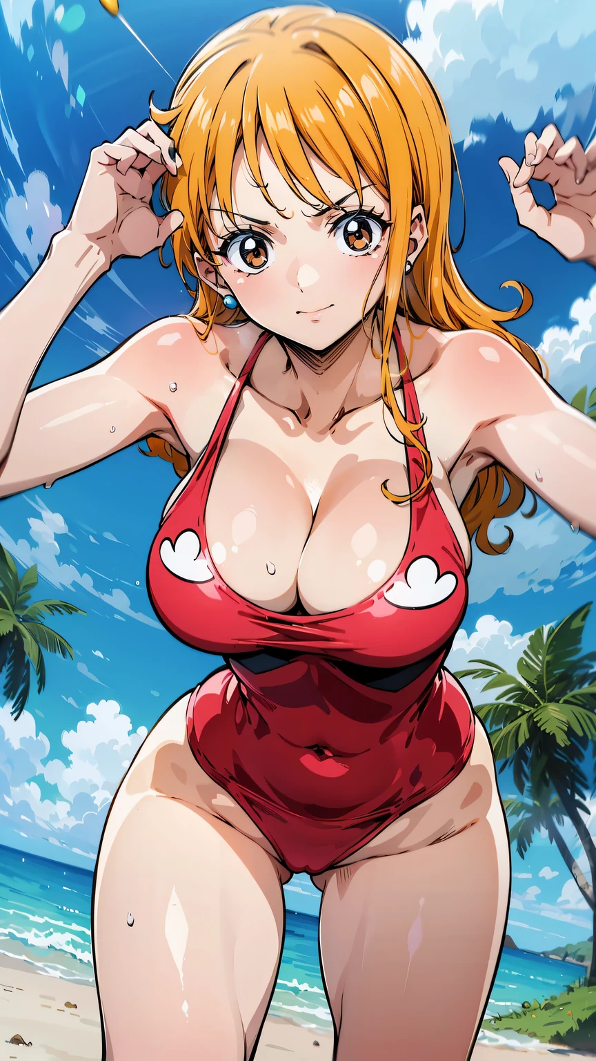 Gere uma imagem realista no estilo anime de Nami de One Piece. ( Madura) (corpo todo ) pose sexy, Capture seu visual distinto com o cabelo laranja , Long Launch , corpo todo, Athletic curvilinear, vestir