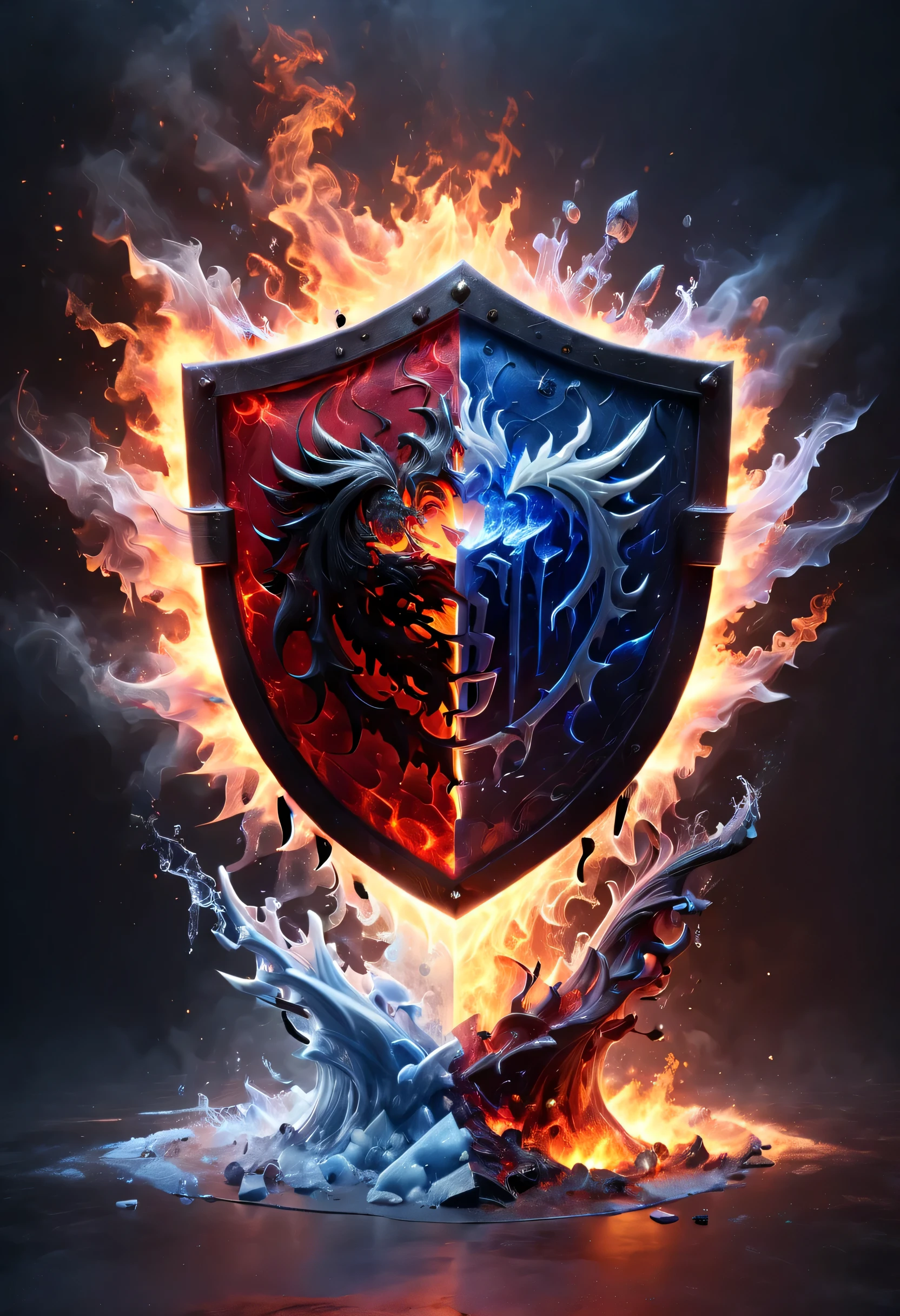 a huge shield composed of elements of fire and ice, shield made of red smoke, Black Light Art, low angle view, octane render, enhance, intricate, (best quality, masterpiece, Representative work, official art, Professional, unity 8k wallpaper:1.3), faize, bailing_darkness