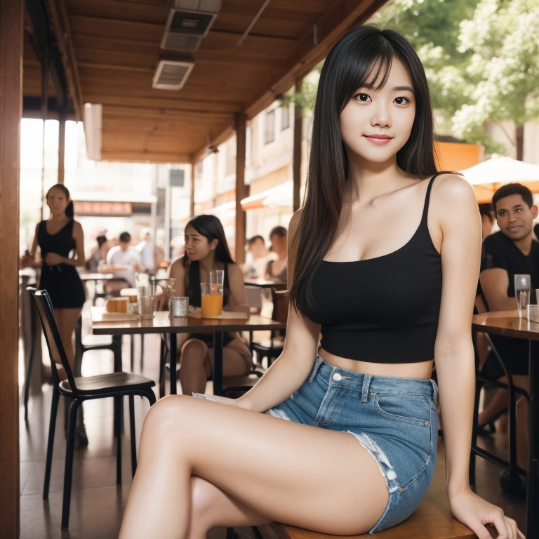 ultra-detailed, 1 girl, Asian, athletic body, realistic skin texture, long hair, (breasts:1.0), (smile:0.8), gaze at viewer, tube top, hot pants shorts, micro mini skirt, movie lighting, face focus, fine eyes, detailed face, well lit face, day light, outdoor cafe in background, nice thighs