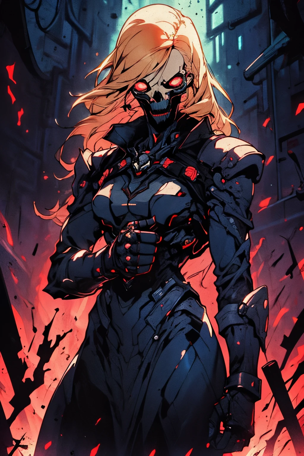 A high resolution, Masterpiece, Perfect lighting, full bloom, Cinematic lighting, Adult, Perfect skin, Female, view the viewer, cream-colored, Furry, Plague Ocean, Armor, power armour, skull, mud, :), Smile,