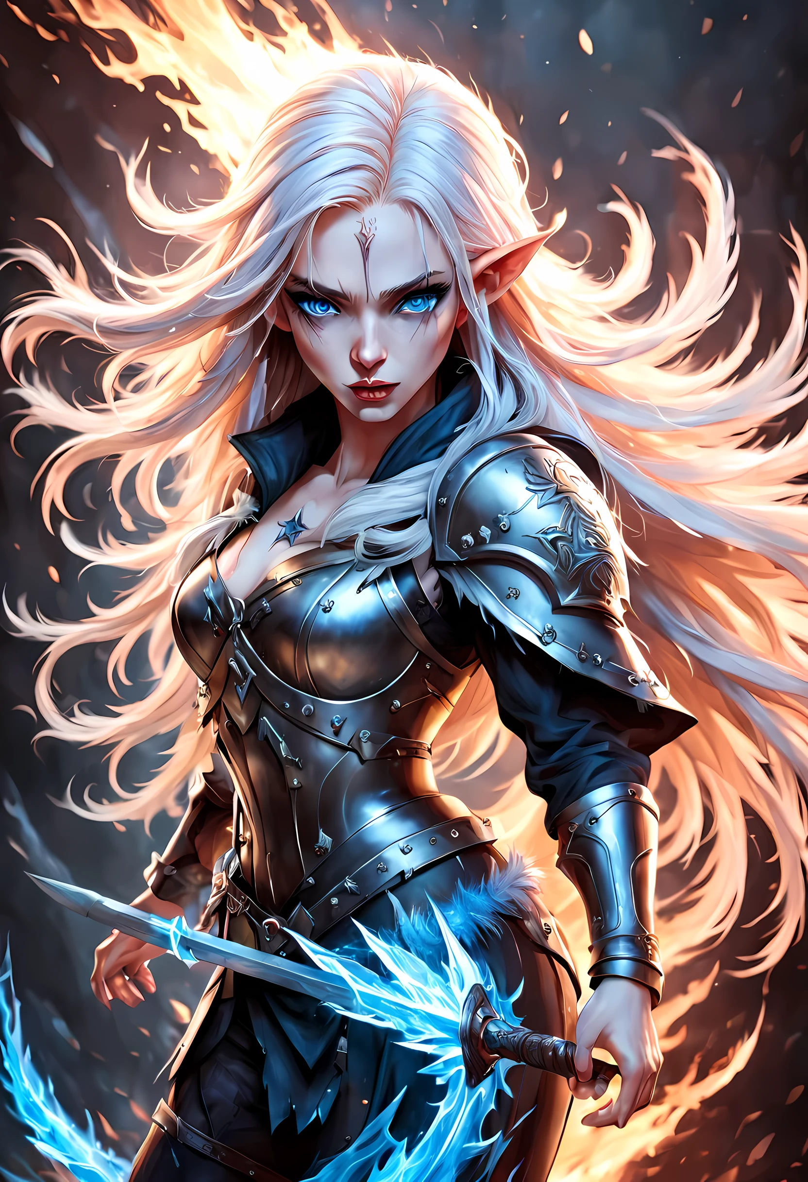 fantasy art, dnd art, RPG art, wide shot a picture of a (shield: 1.5) with an image of  a beautiful female vampire elf, blood dripping, vampiric fangs, with a long curvy hair, light color hair, blue eyes, high details, best quality, 16k, [ultra detailed], masterpiece, best quality, (extremely detailed), close up, photorealistic, RAW, fantasy art, dnd art, fantasy art, realistic art,