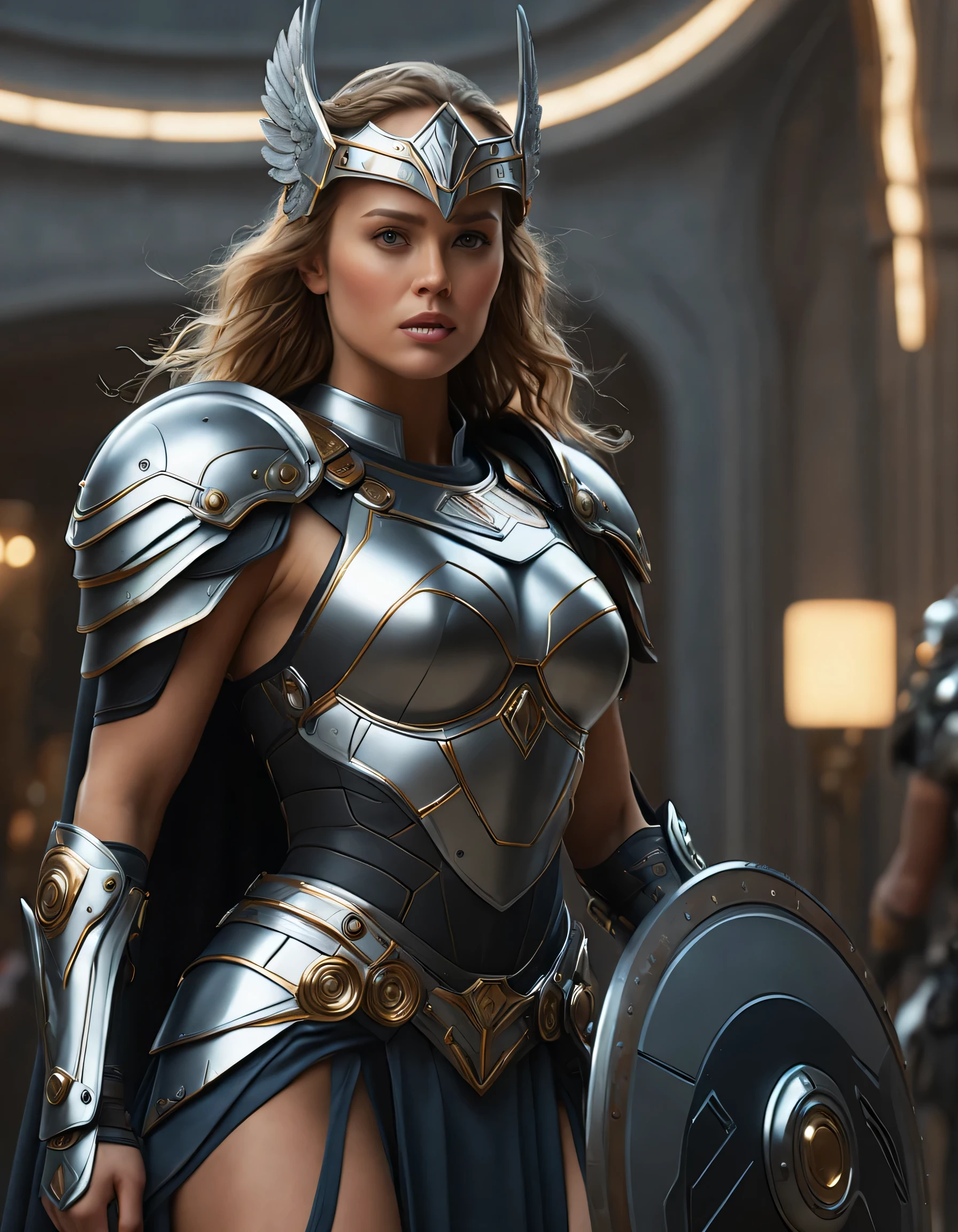 (best quality,4k,highres,masterpiece:1.2),ultra-detailed,(realistic,photorealistic:1.37),In a futuristic world where technology and ancient prowess converge, an Amazon warrior holding her (futuristic shield:1.5), embodying the fusion of tradition and innovation