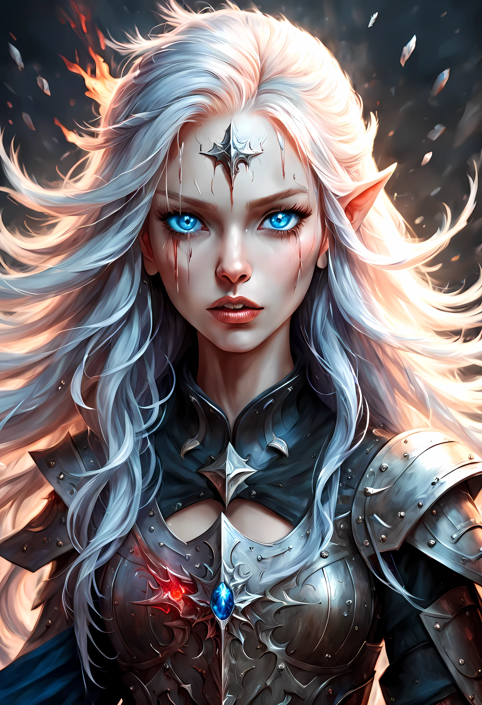 fantasy art, dnd art, RPG art, wide shot a picture of a (shield: 1.5) with an image of  a beautiful female vampire elf, blood dripping, vampiric fangs, with a long curvy hair, light color hair, blue eyes, high details, best quality, 16k, [ultra detailed], masterpiece, best quality, (extremely detailed), close up, photorealistic, RAW, fantasy art, dnd art, fantasy art, realistic art,