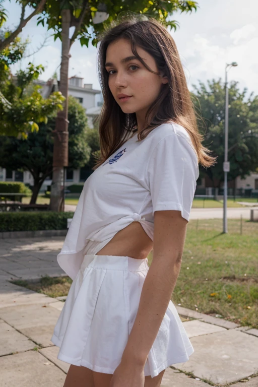 prompt: Myroslava Viktoria, Innocent 16 year old (pijo:1.1) adolescente blanca de pelo largo y rubio, en el parque, (usando uniforme escolar:1.1), calidad alta, ((rubia)), cabello rubio, ((big natural breast)), ((usando uniforme escolar)), ((No desnuda)), ((falda escolar)), ((con ropa)), ((blusa blanca))