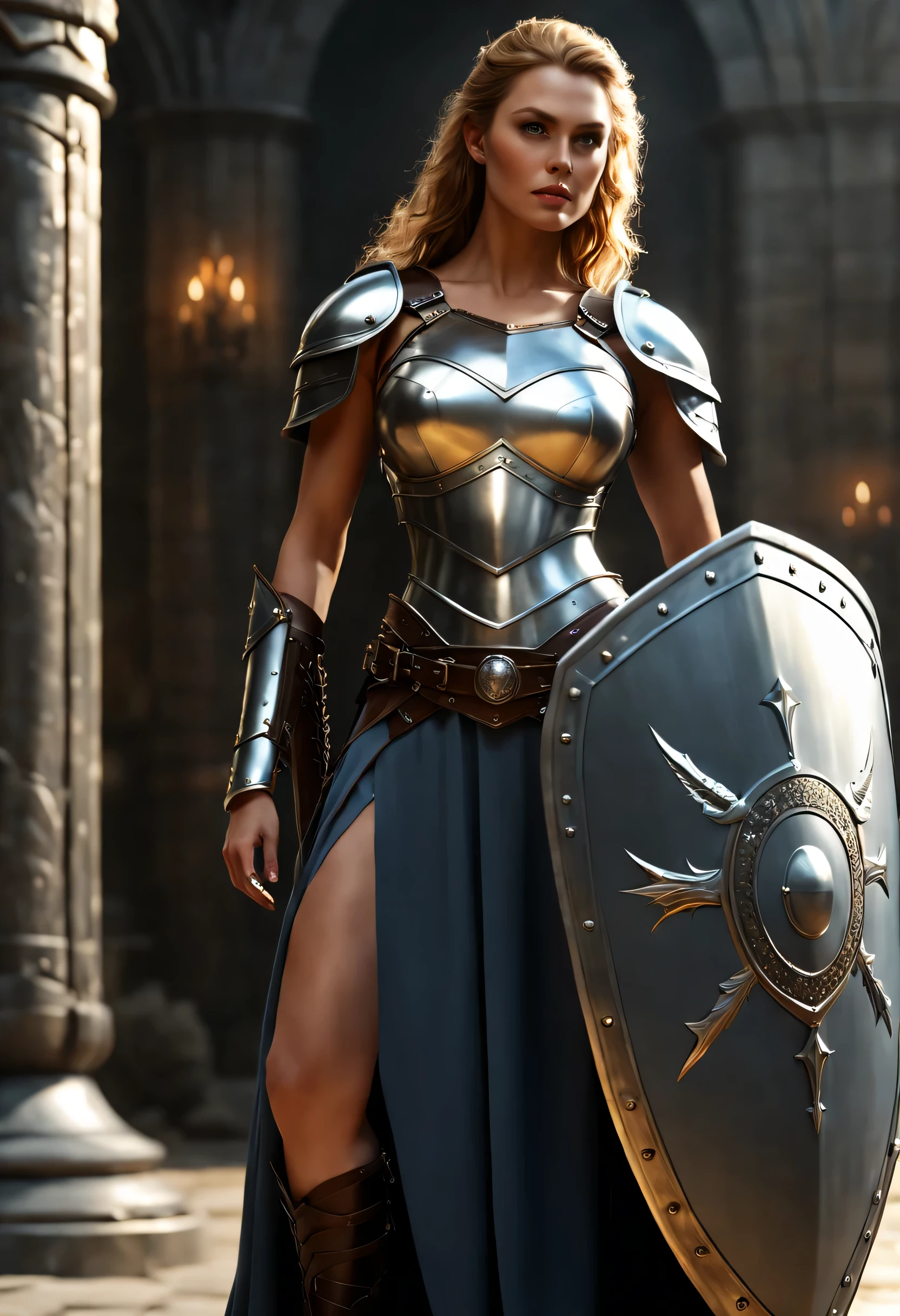 (best quality,4k,highres,masterpiece:1.2),ultra-detailed,(realistic,photorealistic:1.37),In a futuristic world where technology and ancient prowess converge, an Amazon warrior holding her (futuristic shield:1.5), embodying the fusion of tradition and innovation