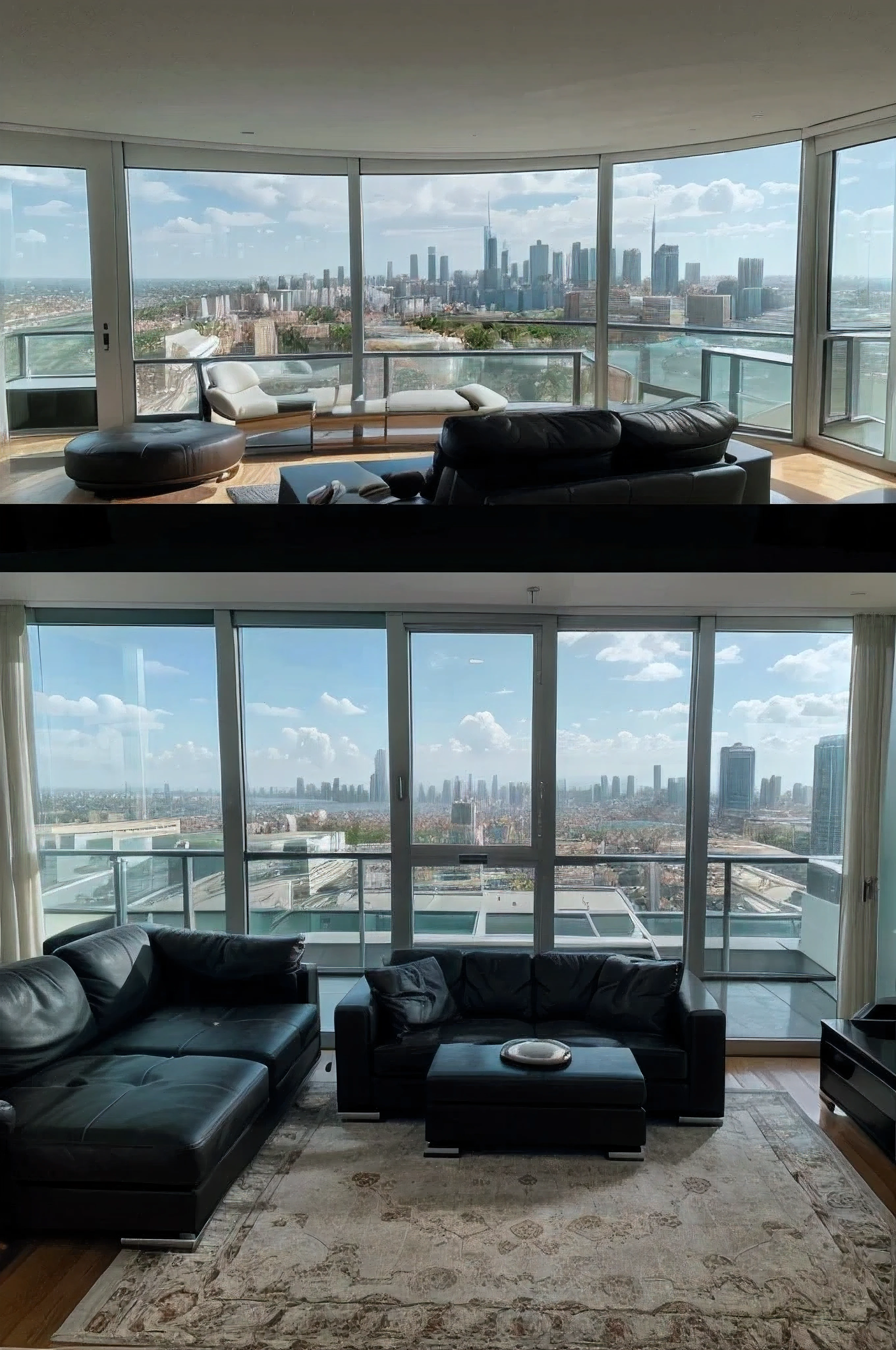 arafed view of a living room with a couch and a table, overlooking a modern city, modern living room, city apartment, ultra modern, fancy apartment, amazing view, great view, luxurious environment, expansive view, futuristic looking living room, living room vibe, cozy contemporary living room, conversation pit, living room, penthouse, gorgeous view, luxury condo interior