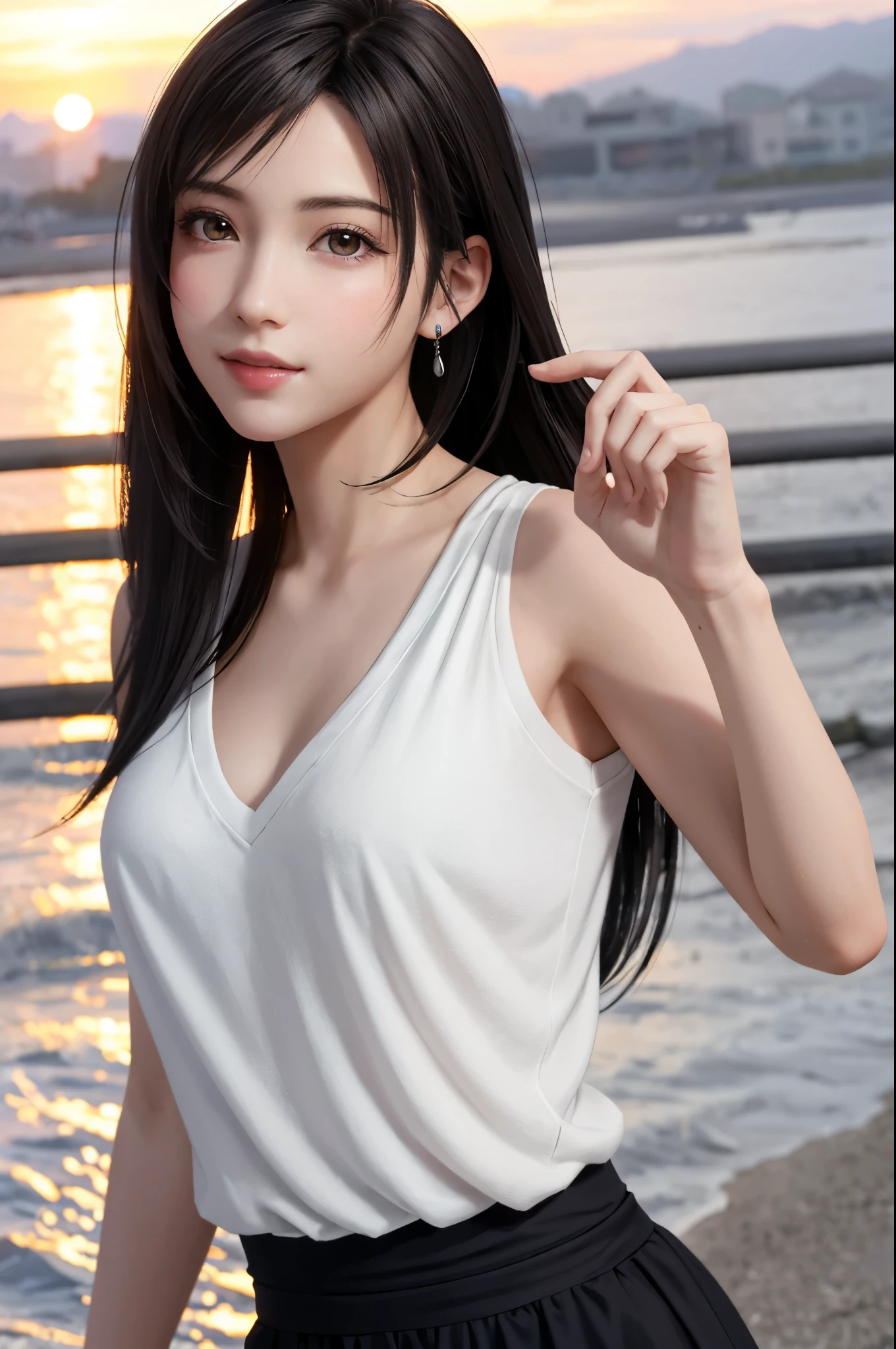 (Top Quality, Masterpiece: 1.1), (Realistic: 1.3), BREAK (((FF7,Tifa_lockhart))),Ultra-detailed face, Detailed eyes,(black Brown Hair, Large breasts: 1.2),(Imaginative Macanese Female Page,background is Unique The Tablets of Stone,at Sunrise), BREAK (wearing loose sweater, oversize short_dress,Exquisite cloth, white Clothes),clothed,(No Bra) ,(Small and beautiful hard nipple),(shiny oiled skin: 1.1), about 18 years old, BREAK smile,kawaii,(cool pose:1.2),Wallpapers,ultra high res,ultra high quality,