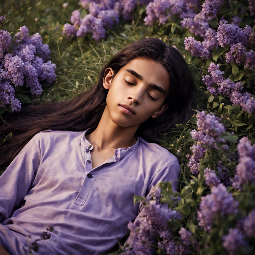 very slim young boy, y.o, thin face, Moroccan, brown skin color, black straight long hair, long hair, straight hair, sleeps on the grass surrounded by lilac flowers, night, warm tones, soft colors, realistic, cinematic, ultra quality